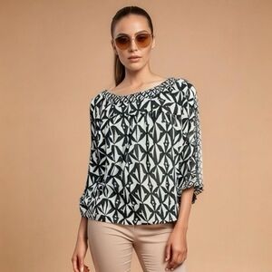 Vince Camuto Women's Black White Geometric Sheer Blouse S Relaxed Fit 3/4 Sleeve